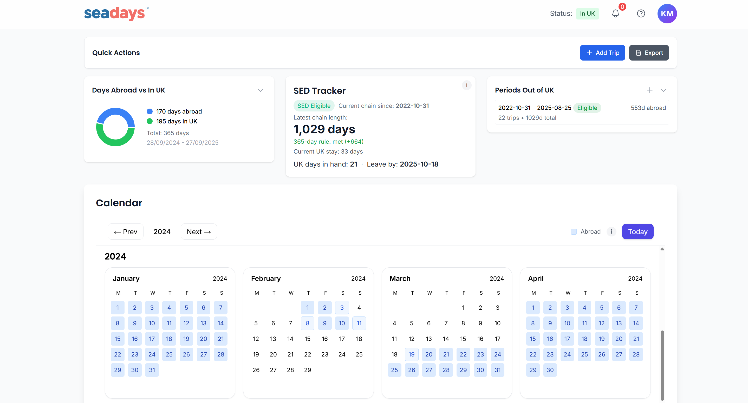 Seadays dashboard showing voyage tracking and tax relief calculations